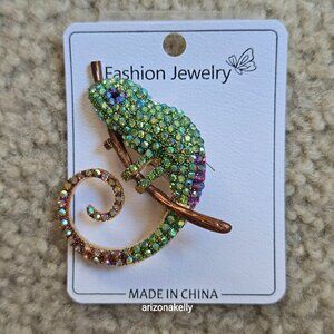NEW Rhinestone Gem Chameleon Brooch Pin